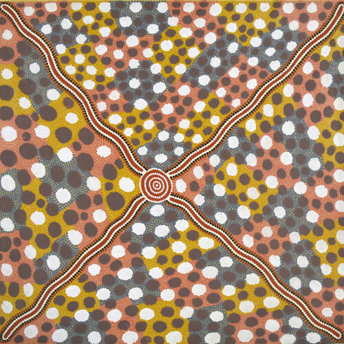 Abstract painting with a concentric circle at the center, with an "x" shape going out from the circle. These shapes are surrounded by area of pink, blue, and yellow with black and white dots.